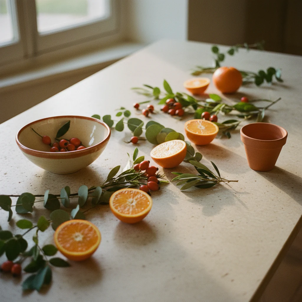 Appelsinhalvdele, hyben og grønne blade på lyst bord - naturlige C-vitaminkilder